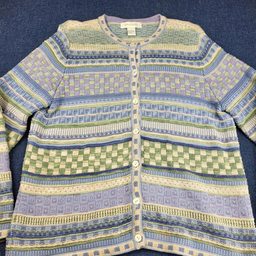 Appleseeds Womens Large Blue Green Purple Geometric Knit Cotton Button Cardigan